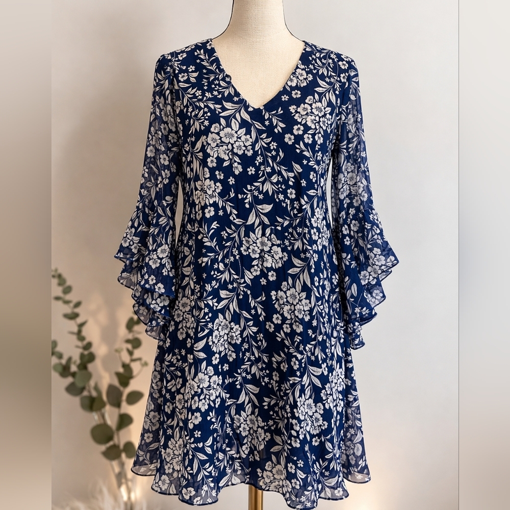 Calvin Klein Navy and White Floral V-Neck Long Sleeve Dress